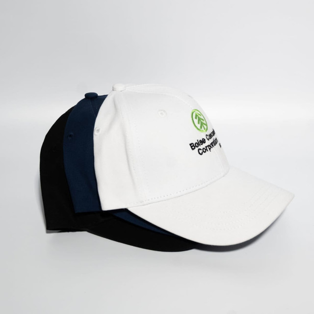 A white, navy, and black Snapback cotton baseball cap with a logo on the front.