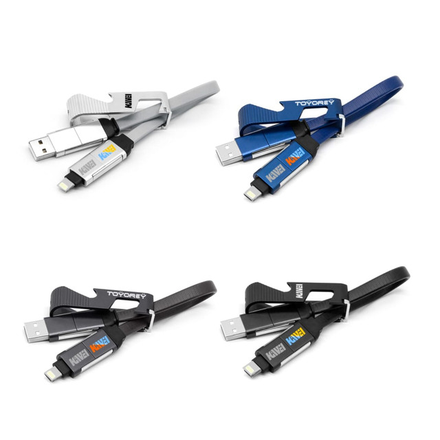 A set of four charging cables in silver, blue, black, and grey, each with a phone stand and opener feature.