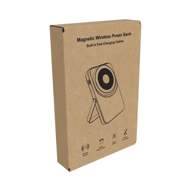 A magnetic wireless power bank in a cardboard box featuring a built-in stand and fast charging cables.