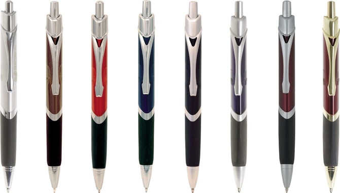 A collection of metal pens with triangular barrel shapes in various colours, each featuring a distinct design and a logo.