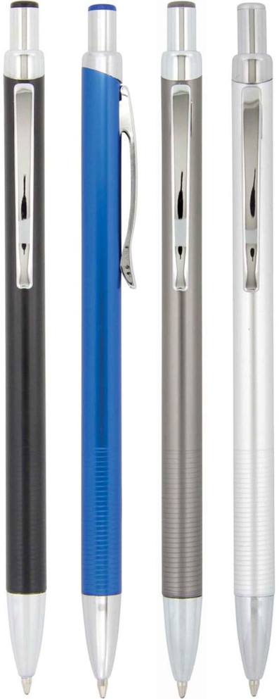 Four slimline aluminium metal pens in black, blue, grey, and white, each featuring a clip and a shiny finish.