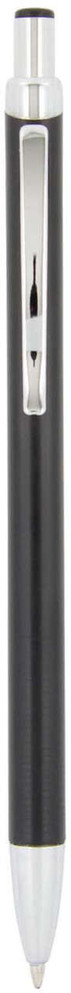 A slimline aluminium pen in black with silver accents and a sleek design, featuring a clip and a pointed tip.