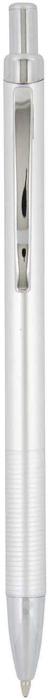 A slimline aluminium metal pen in white, featuring a clip and a clear tip, with a logo.