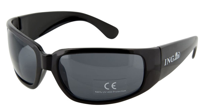 A pair of black wrap-style sunglasses with UV400 protection and a logo on the side.
