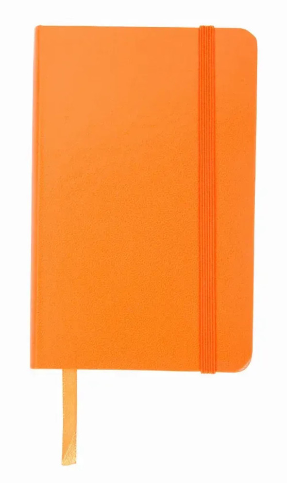 An orange A5 notebook with 192 cream lined pages, an expandable pocket, and an elastic enclosure.