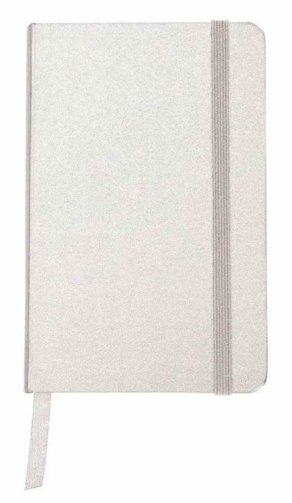 A light grey A5 notebook with 192 lined pages, an expandable pocket, and an elastic enclosure.