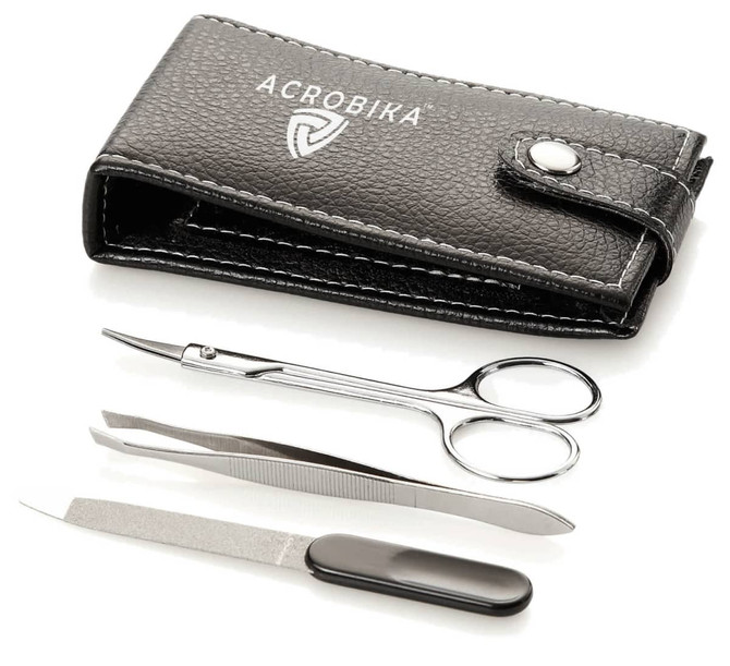 A black leather-look pouch containing a manicure set with scissors, tweezers, a nail file, and a cuticle tool.