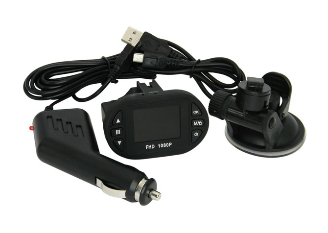 A dashboard camera kit with a black device, car charger, suction mount, and USB cable, featuring a small display screen.