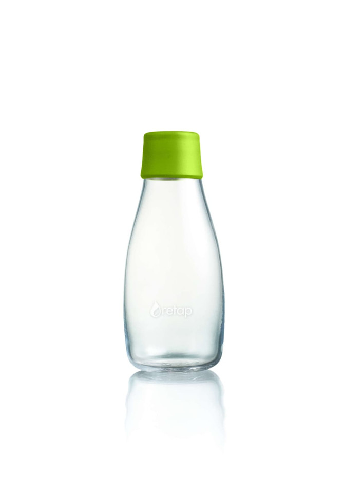 A drink bottle featuring a clear body with a lime green silicone lid, including a logo on the surface.
