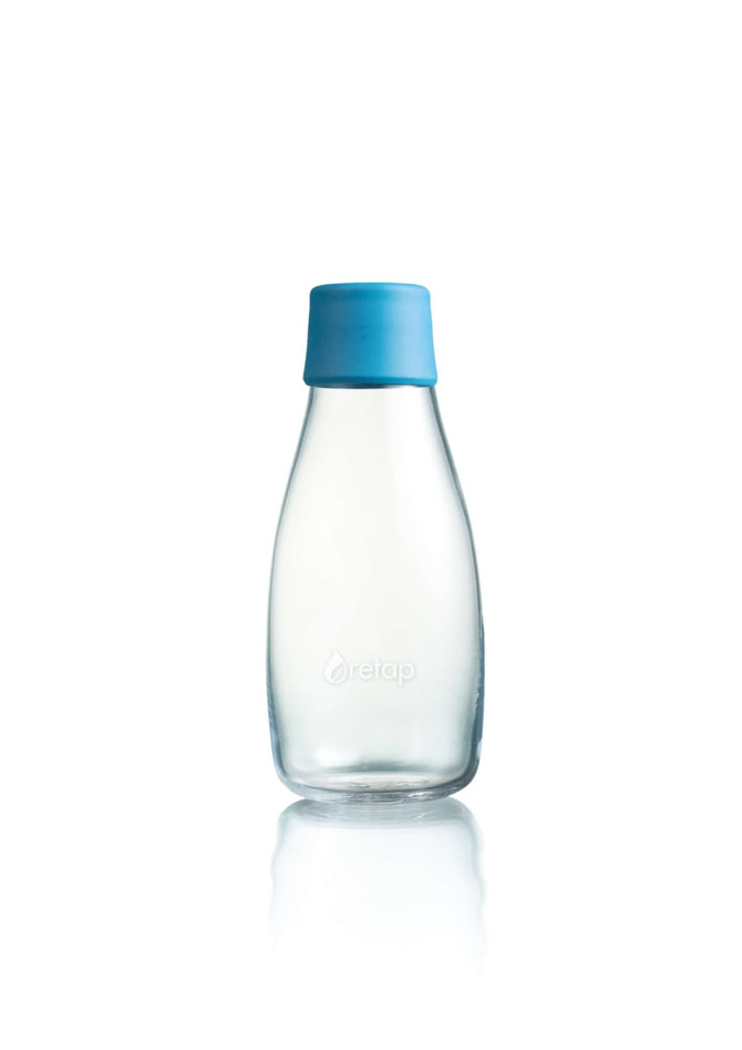 A drink bottle with a clear body and a light blue silicone lid, featuring a branding logo.
