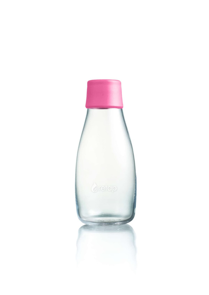 A drink bottle with a clear body and a pink silicone lid, featuring a logo.