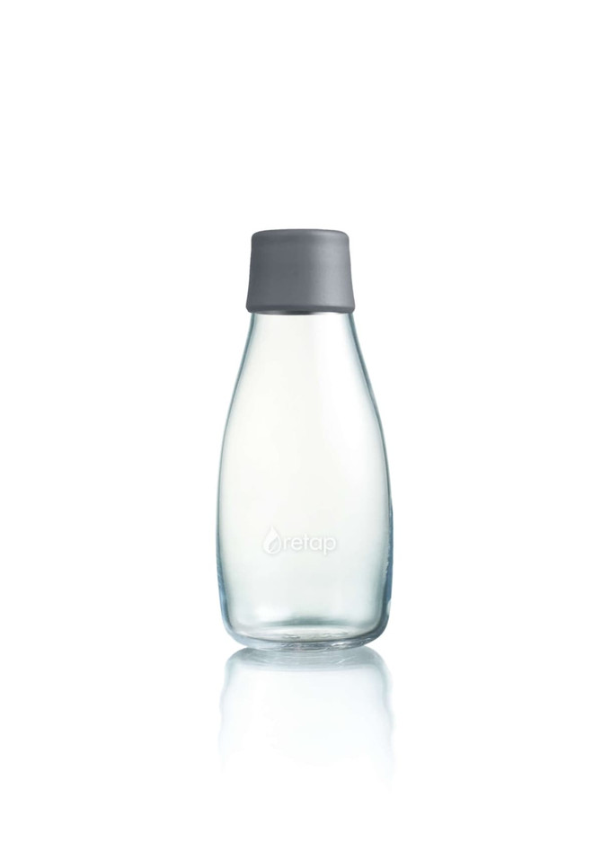 A drink bottle with a clear body and a grey silicone lid, featuring a logo on the front.