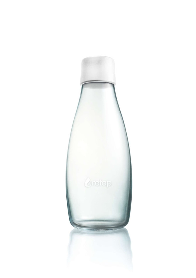 A drink bottle featuring a clear glass body and a white cap, with a logo on the surface. 