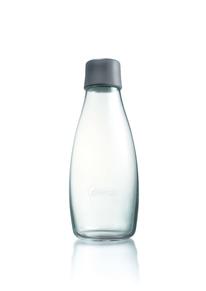 A drink bottle made of clear glass with a grey lid, featuring a logo on the front. Capacity is 500ml.
