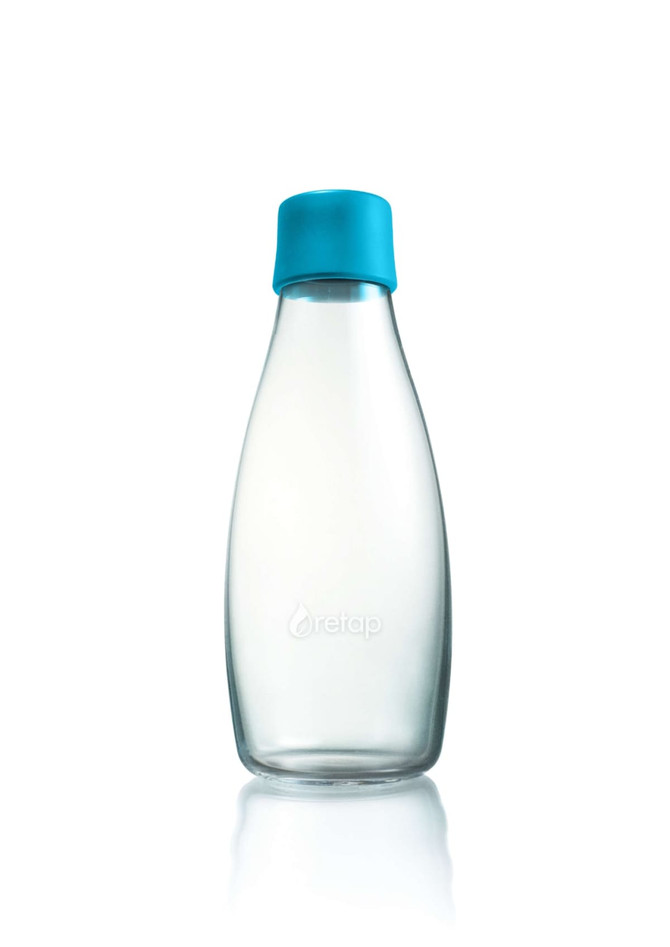 A drink bottle made of glass with a turquoise lid, featuring a sleek, modern design and a logo.