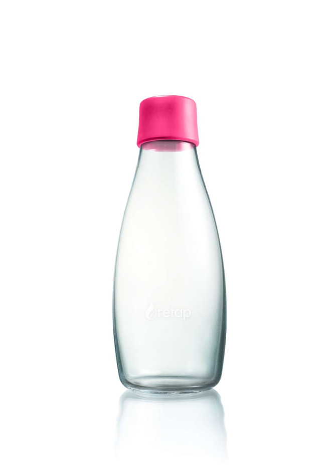 A drink bottle made of glass with a pink lid, featuring a logo on the side.