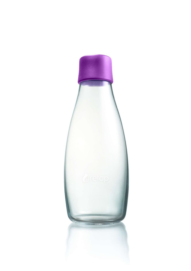 A drink bottle made of clear glass with a purple lid, featuring a logo. Holds 500ml of liquid.