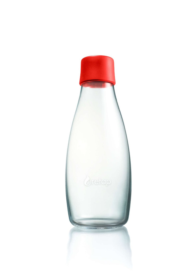 A drink bottle made of clear glass with a red silicone lid, featuring a logo on the side.