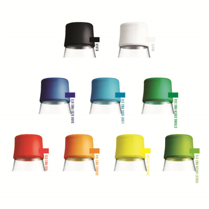 A drink bottle set featuring ten 500ml glass bottles, each with a different coloured cap and a logo.