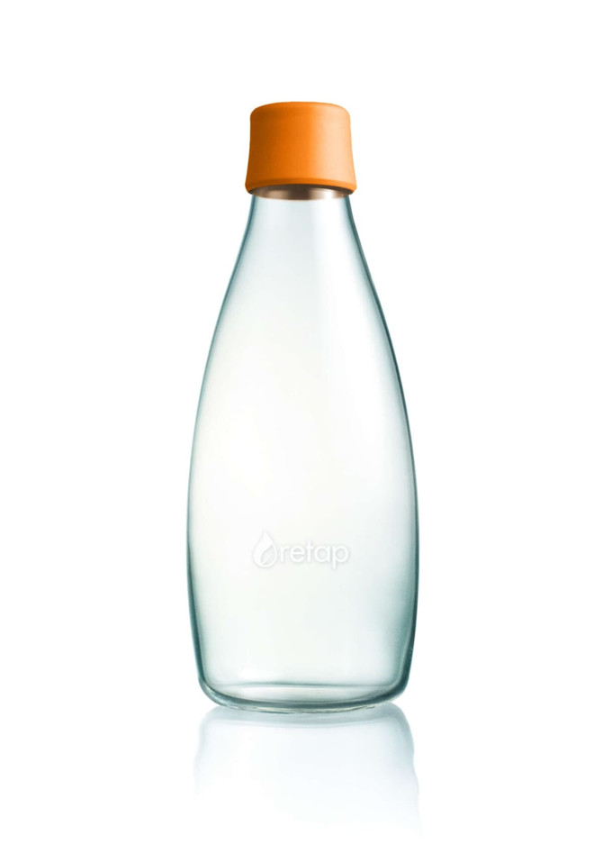A drink bottle made of clear glass with an orange lid, featuring a simple logo. It has an 800ml capacity.