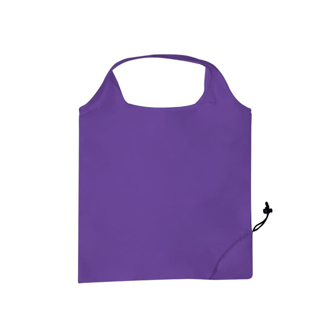 A foldable shopping bag in vibrant purple, featuring a simple design and a drawstring closure.