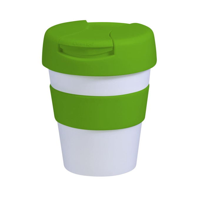 A drink bottle featuring a white body with green silicone bands and a green flip lid. It has a logo on the lid.