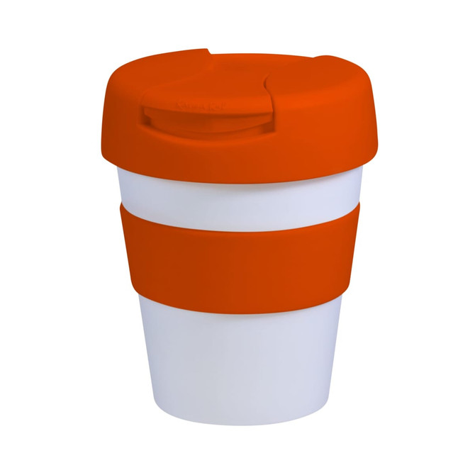A reusable coffee cup featuring a white body and an orange flip lid and silicone band. Includes a logo.
