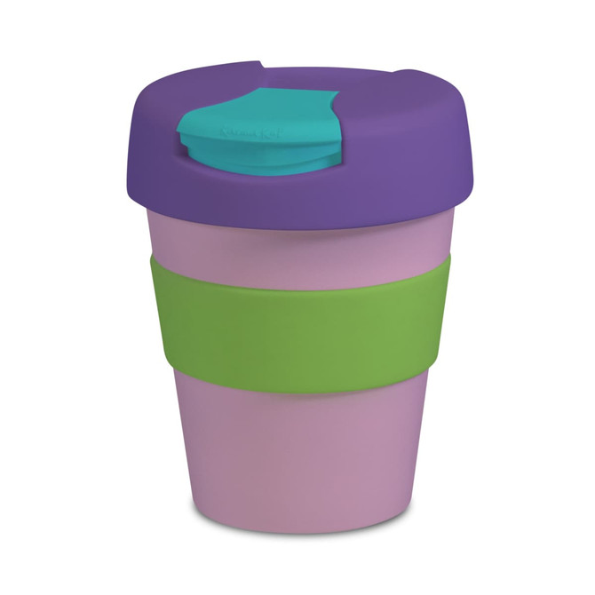 A reusable coffee cup featuring a purple lid, pink body, and green silicone sleeve. It has a logo on the lid.