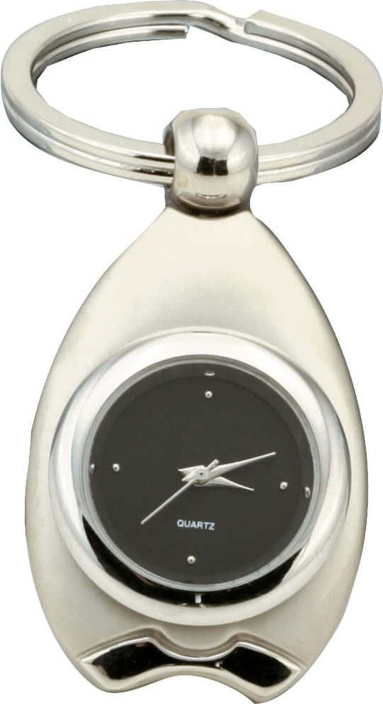 A metallic clock key ring featuring a black watch face and silver accents. It includes a key ring attachment.