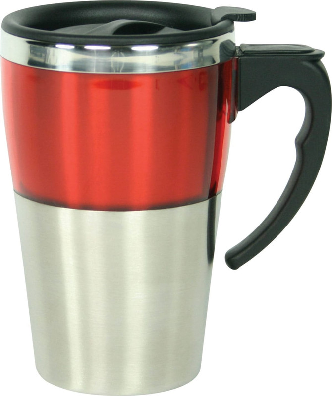 A drink bottle featuring a red double-walled design with a stainless steel base and a black handle.