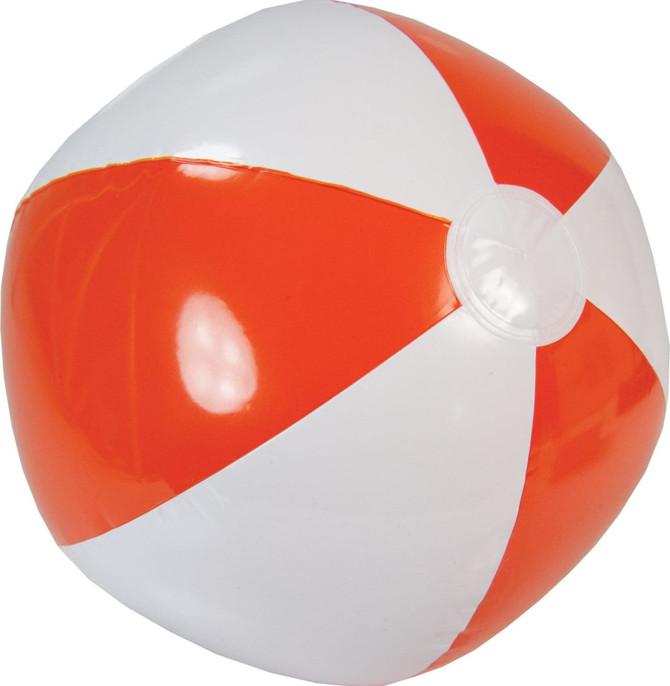 An inflatable beach ball, 40 cm, featuring alternating orange and white panels, and a clear valve. It has a logo.