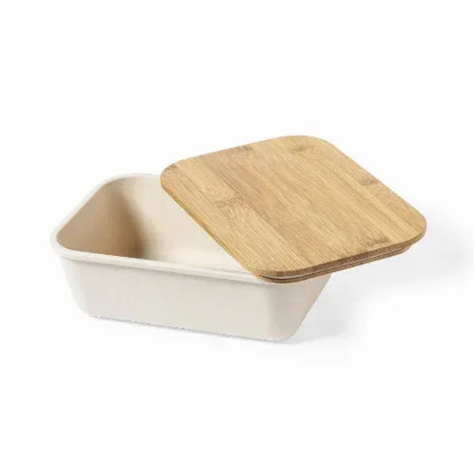 A rectangular lunch box in pale beige with a wooden lid. It features a simple and modern design.