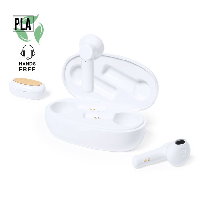 White wireless earbuds with a charging case, featuring minimalistic design and a wood accent. The case has a logo.