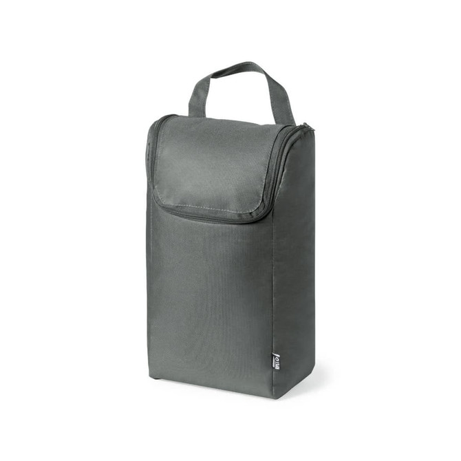 A grey, zippered bag with a top handle and a fold-over flap, featuring a logo.