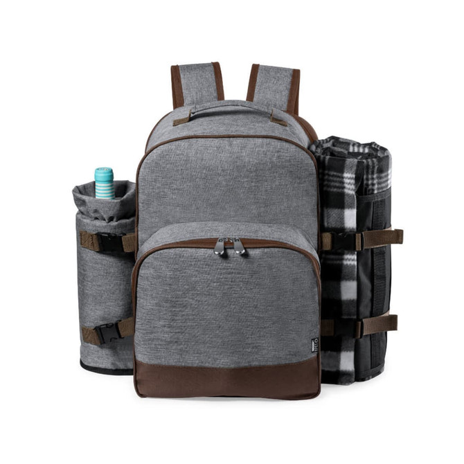 A grey backpack with brown accents, featuring a side pocket for a drink bottle and a blanket rolled up on one side.