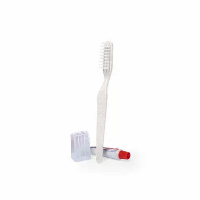 A dental kit featuring a white toothbrush, toothpaste tube, and a holder, all in a simple layout.