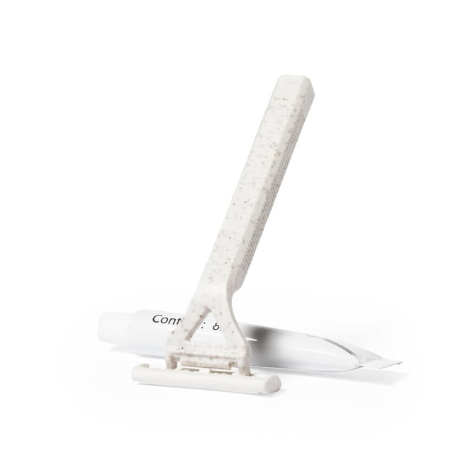 A shaving kit featuring a white razor with a textured handle and a tube of shaving cream.