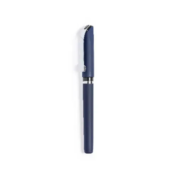 A navy blue pen featuring a sleek design and a silver accent, with a clip and branding on the cap.