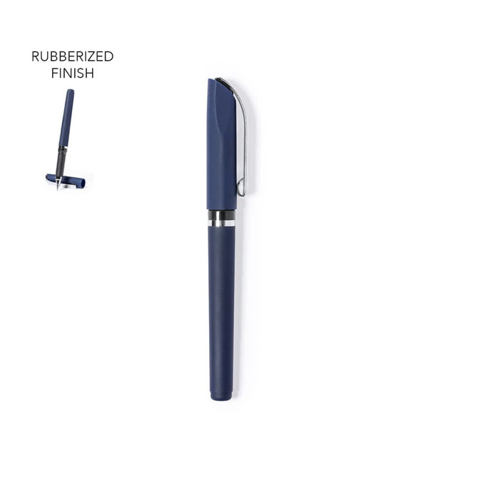 A navy blue pen with a rubberised finish and silver detailing, featuring a clip and a sleek design.