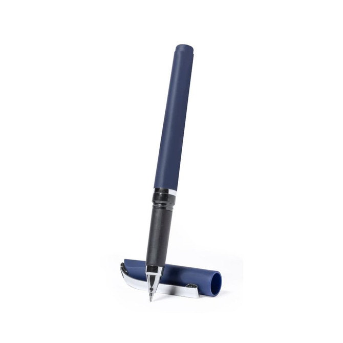 A navy blue pen displayed upright on a matching stand, featuring a silver clip and branding.