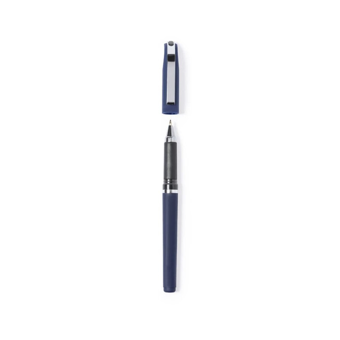 A blue pen with a silver clip and a removable cap, featuring a sleek design.