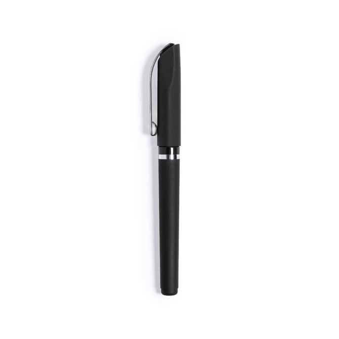 A black pen with a sleek design, featuring a clip and silver accents. It has a branding logo on the barrel.