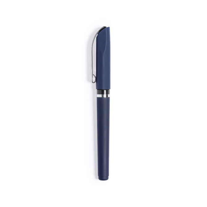A navy blue pen with a silver clip and band, featuring a sleek design and modern style.