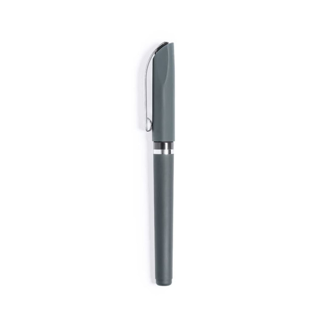 A grey pen with a chrome clip and two silver bands around the barrel. It features a sleek, minimalist design.