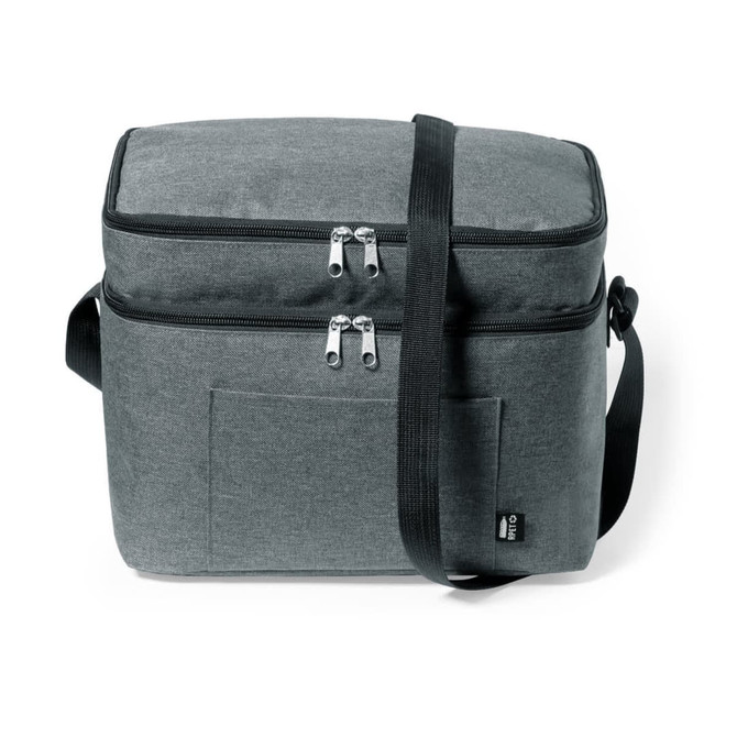A grey insulated cooler bag with dual zippers and a detachable shoulder strap. Features a front pocket and branding.