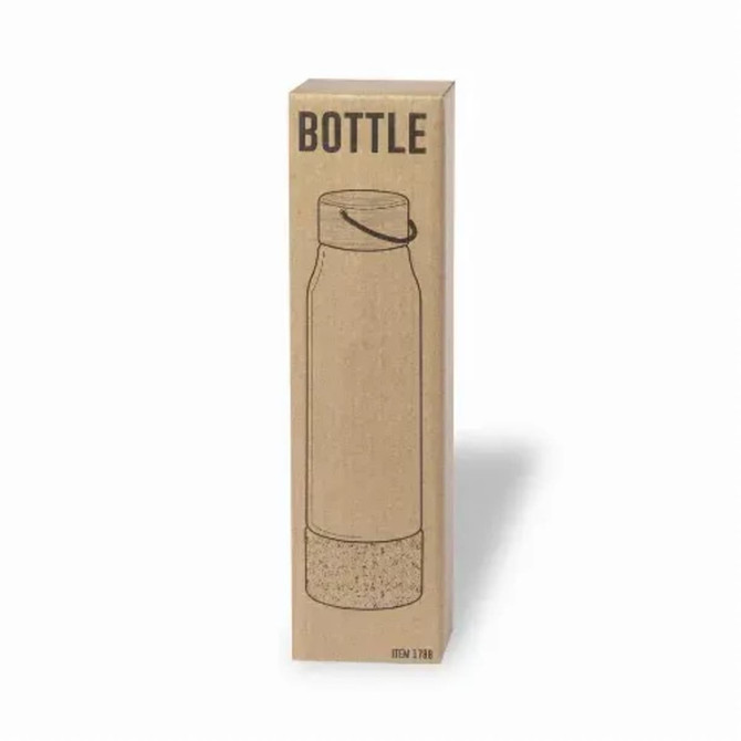 A drink bottle in a cardboard box, featuring a simple design with a cork base and a metal body.