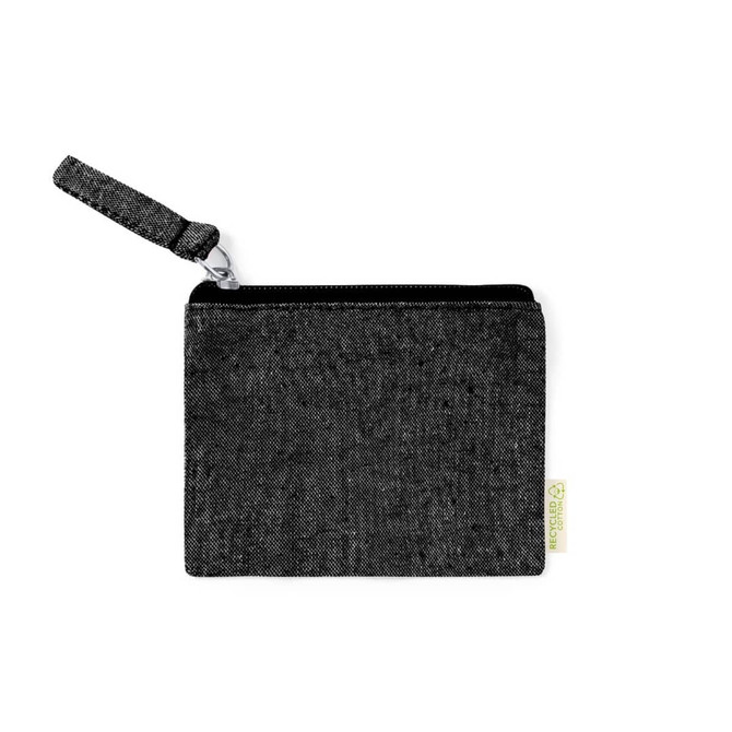 A black wallet with a wrist strap and zipper, featuring a small logo tag on the side.