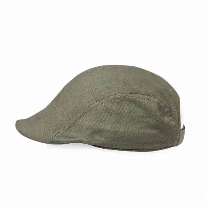 A grey-green visor featuring a simple design and branding on the side.