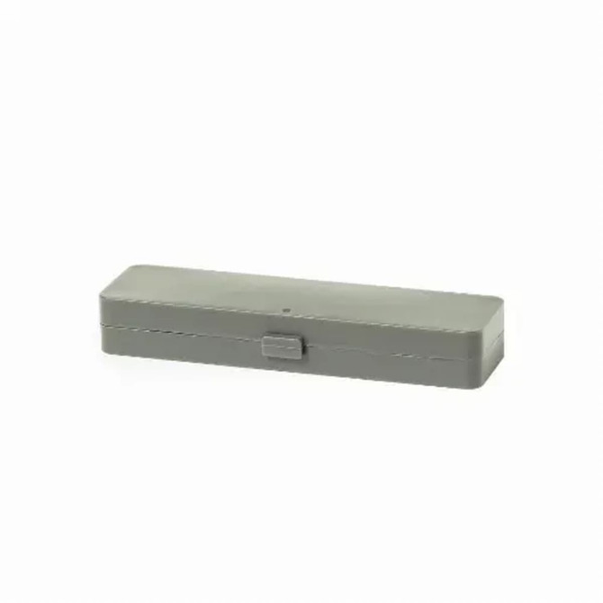 A grey product container with a simple rectangular design and a small clasp closure.