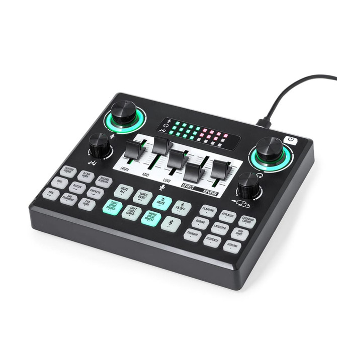 A black and green electronic device featuring buttons, knobs, and a display, designed for audio mixing and control.